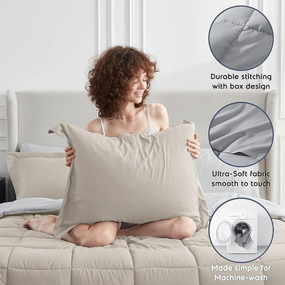 Nestl 7 Piece Full Comforter Set – Beige Reversible Bed in a Bag – Complete Full Size Bedding Set with Sheets, Pillowcases and Shams