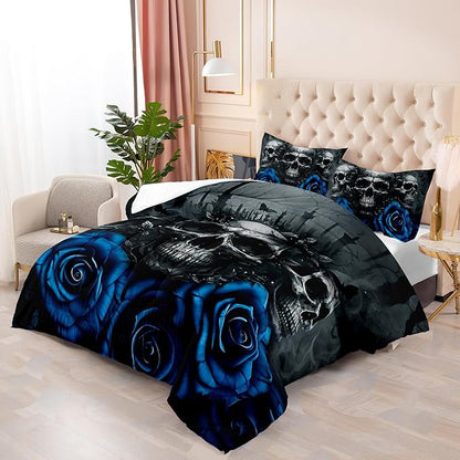 Gothic Queen Size Bedding Set - Skull & Rose Comforter, Black & Blue Quilt