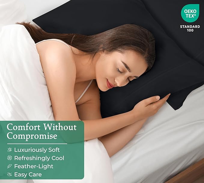 Royale Linens Standard Pillowcase Set of 2 - Bed Pillow Cover - 20"x26" - Black Pillowcases - 1800 Brushed Microfiber, Wrinkle & Fade Resistant - Soft & Cozy- Standard Size Pillow Case (STD, Black)