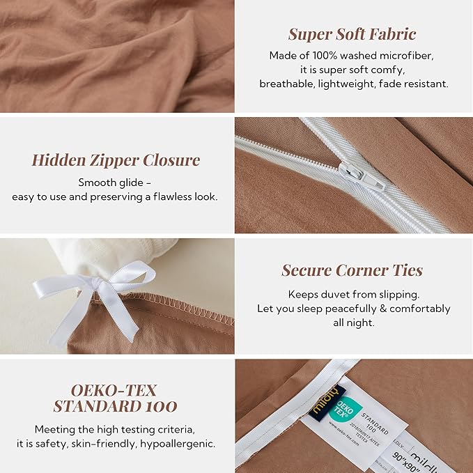 MILDLY Super Soft Duvet Cover 2pcs - 100% Washed Microfiber Mocha Comforter Cover Set 3 Pieces with Zipper Closure & Corner Ties