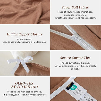 MILDLY Super Soft Duvet Cover - 100% Washed Microfiber Mocha Comforter Cover Set 3 Pieces with Zipper Closure & Corner Ties