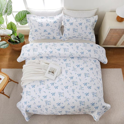 Blue Floral Quilt Set King Size - 3 Pieces Reversible Cottagecore Quilts Flowers Soft Microfiber Lightweight Bedspread Coverlet with 2 Pillow Shams for All Seasons (104"×90")