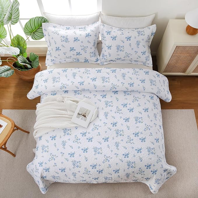 Blue Floral Quilt Queen Size - Reversible Quilt Set Flowers 3 Pieces Soft Lightweight Bedspread with 2 Pillow Shams for All Seasons (90"×90")