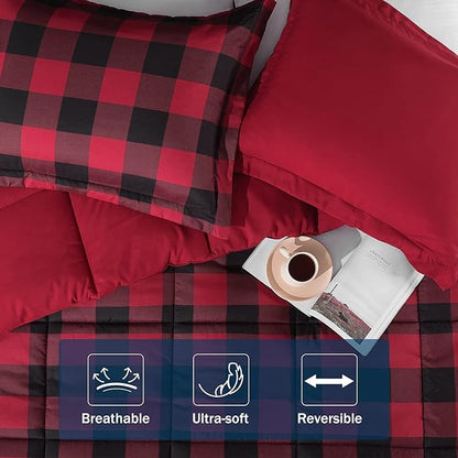 downluxe Lightweight Plaid Comforter Set (King) with 2 Pillow Shams - 3-Piece Set - Red/Black Plaid - Down Alternative Reversible Comforter