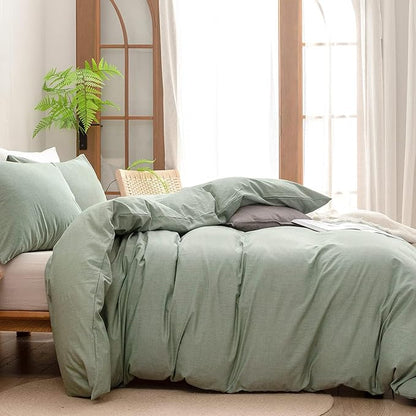 BESTOUCH Duvet Cover Set 100% Washed Cotton Linen Feel Super Soft Comfortable Chic Lightweight 3 PCs Home Bedding Set Solid Green Alaska King