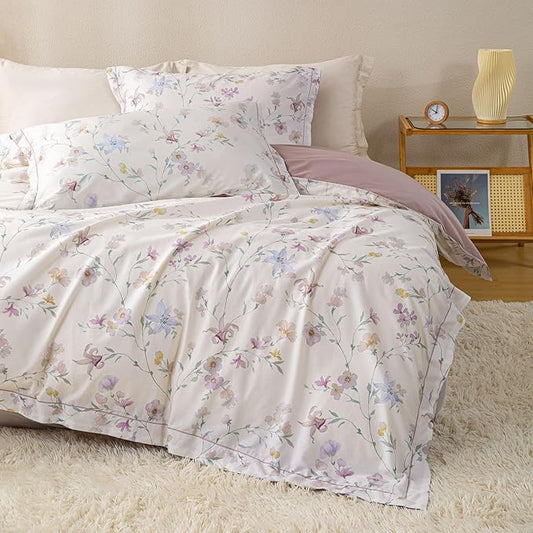 OAITE Duvet Cover Set Queen Size Floral Pattern Ultra Soft 100% Cotton Duvet Cover Sets 3-PC, Breathable Duvet Cover with Zipper Closure & Corner Ties(2 Pillow Shams,1 Duvet Cover)