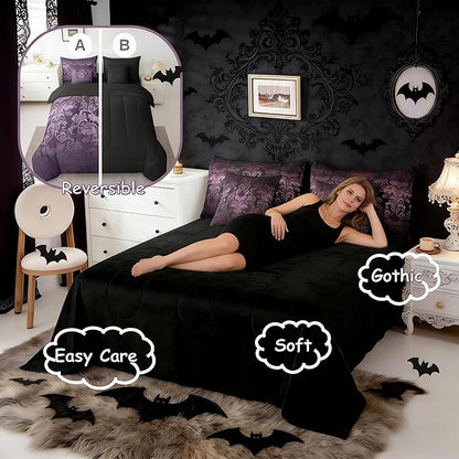 Erosebridal Gothic Damask 7 Piece Comforter Set Full Bed in a Bag,Halloween Bat Bedding Sets Purple Victorian Floral Goth Sheet Set with Comforter