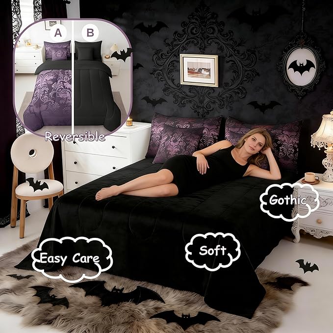 Erosebridal Gothic Damask Bed in a Bag King Size Comforter Set 7 Pieces,Halloween Bat Bedding Sets Purple Victorian Floral Goth Sheet Set with Comforter