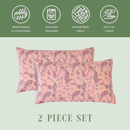 Elegant Comfort Ultra Soft Set of 2 Floral Print Pillowcases - 1500 Premium Hotel Quality Microfiber, Soft and Smooth Envelope Closure 2-Piece Pillow Covers - Standard/Queen, Paisley Coral