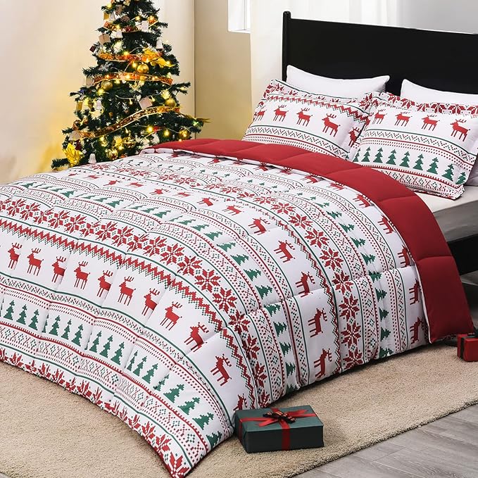 downluxe Christmas Comforter Set King with 2 Pillow Shams - Christmas Decoration King Comforter Set with Reindeer and Snowflake Patterns - King Size Comforter Set(3-Piece Set)