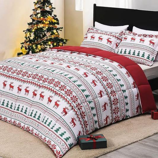 downluxe Christmas Comforter Set King with 2 Pillow Shams - Christmas Decoration King Comforter Set with Reindeer and Snowflake Patterns - King Size Comforter Set(3-Piece Set)