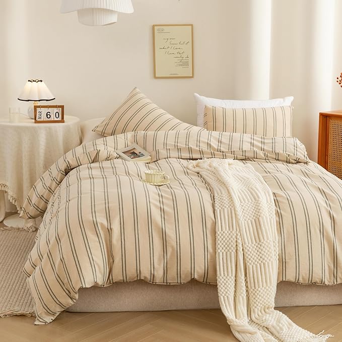 ECOCOTT Duvet Cover Oversized King Size - Linen Feel Organic Natural 100% Washed Cotton, Soft Breathable & Durable Bedding Set, Comfy Stripe Design for All Seasons
