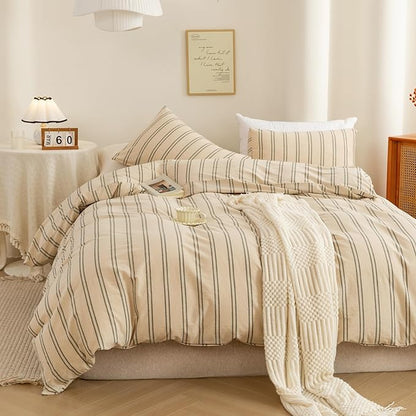 ECOCOTT Duvet Cover Oversized King Size - Linen Feel Organic Natural 100% Washed Cotton, Soft Breathable & Durable Bedding Set, Comfy Stripe Design for All Seasons