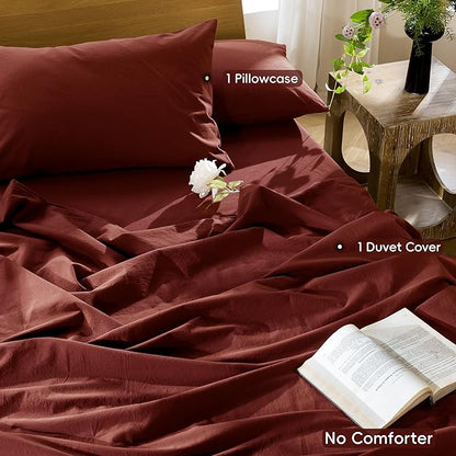 MooMee Bedding Duvet Cover Set 100% Washed Cotton Linen Like Textured Breathable Durable Soft Comfy (Solid Fired Brick Red, Twin 68"x90")
