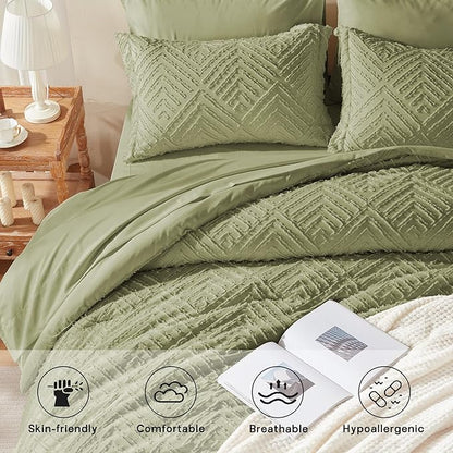 Zzlpp Full Comforter Set 7 Pieces, Army Green Tufted Bed in a Bag, All Season Boho Bedding With Comforter, 2 Pillow Shams, 2 Pillowcases, 1 Flat Sheet, 1 Fitted Sheet