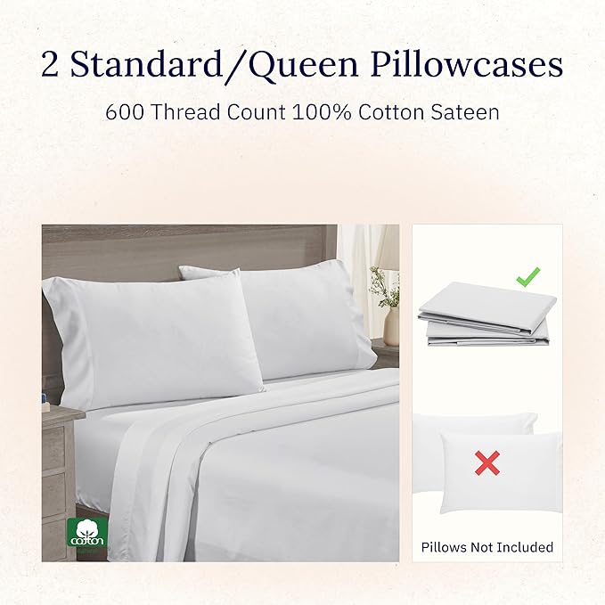 California Design Den Premium Pillow Covers Queen Size Set of 2-600 Thread Count Sateen, Natural 100% Cotton Standard/Queen Pillowcases, Crisp, Durable Bedding - Light Silver