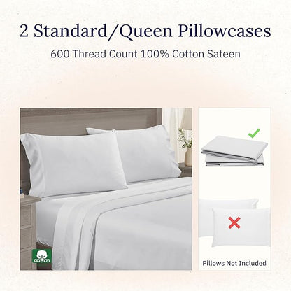 California Design Den Premium Pillow Covers Queen Size Set of 2-600 Thread Count Sateen, Natural 100% Cotton Standard/Queen Pillowcases, Crisp, Durable Bedding - Light Silver