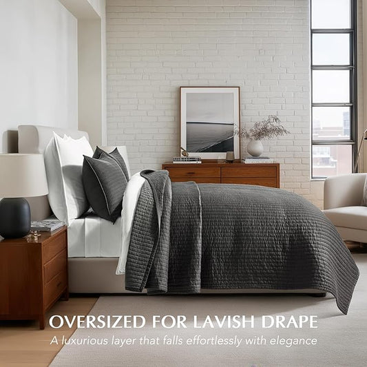 EVERGRACEHOME Cotton Sateen Quilt Set King Size, Pre-Washed Cotton Channel Stitch Coverlet Bedspread, 3 Pieces Lightweight Soft Bedding Sets for All Season, with 2 Pillow Shams, Washed Black