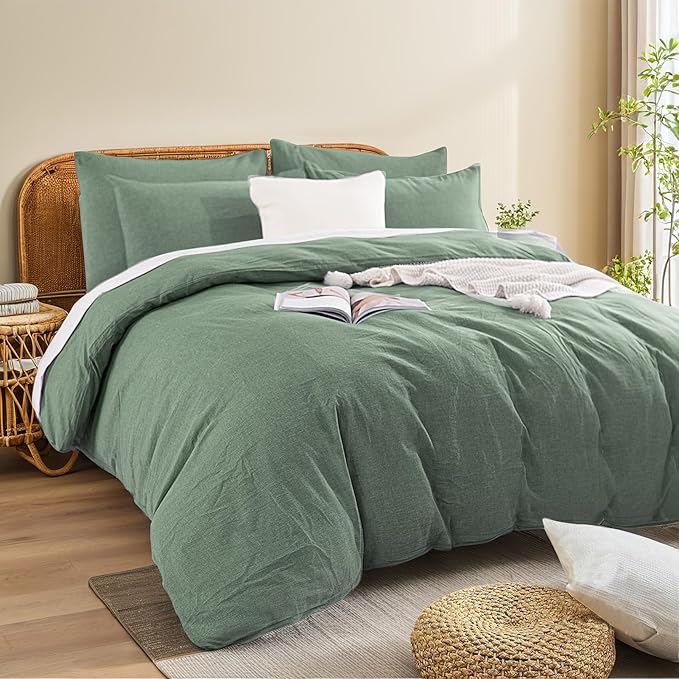 NEXHOME PRO Duvet Cover Twin 100% Washed Cotton, Organic Natural Linen Like Textured, Breathable, Durable, Home Bedding Set, Heathered Green 6890
