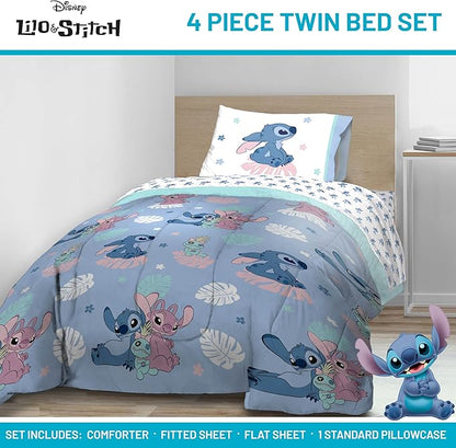 Jay Franco Disney Lilo and Stitch Twin Size Comforter Set - 4 Piece Bedding Includes Sheet Set, Pillow Covers & Bonus Duffle Bag - Super Soft Kids Bedding