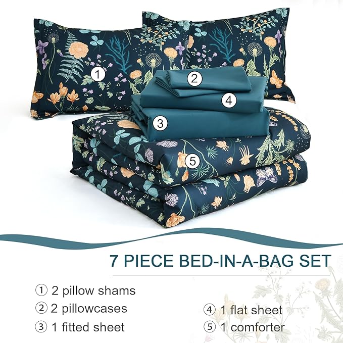 Yiran Blue Twin Comforter Set with Sheets, 6 Piece Floral Bed in a Bag with Botanical Flowers Patterns, Botanical Bedding Set, Soft Microfiber Complete Bedding Set with Sheets for All Season