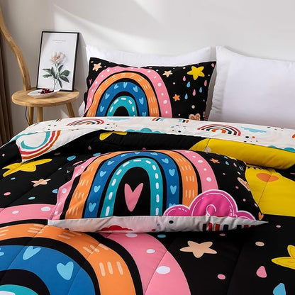 Btargot Lightweight Soft 3 Piece Rainbow Comforter Set with 2 Pillow Covers, Cartoon Love Hearts Flowers and Sun Moon Star Bedding Set for Girls Boys Kids, Full Black