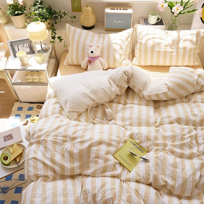 EAVD Beige Striped Duvet Cover Twin XL Soft Washed Microfiber Striped Reversible Bedding Set with 2 Pillowcases Modern Farmhouse Geometric Pattern Duvet Cover with Zipper Closure