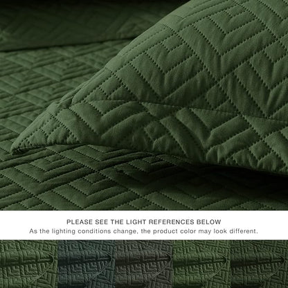 EXQ Home Quilt Set Twin Size Olive Green 2 Piece,Lightweight Soft Coverlet Modern Style Squares Pattern Bedspread Set(1 Quilt,1 Pillow Sham)