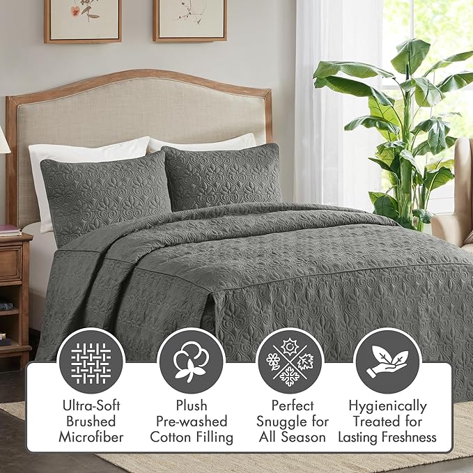 Madison Park Quebec Split Corner Quilted Bedspread Classic Traditional Design All Season, Lightweight, Bedding Set, Matching Shams, Queen (60" x 80" + 24"D), Damask Quilted Dark Grey 3 Piece