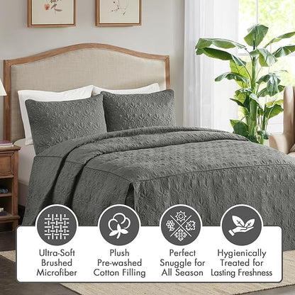 Madison Park Quebec Split Corner Quilted Bedspread Classic Traditional Design All Season, Lightweight, Bedding Set, Matching Shams, King, Damask Quilted Dark Grey 3 Piece