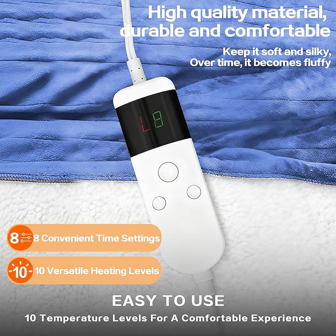 Electric Heated Blanket Twin Size 62''x84'' -Control Heating Blanket, Soft & Warm Flannel 10-Level Temperature Control, 8 Hours Auto Off, Rapid Heating & Overheat Protection