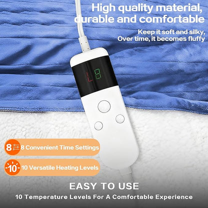 Electric Heated Blanket Twin Size 62''x84'' -Control Heating Blanket, Soft & Warm Flannel 10-Level Temperature Control, 8 Hours Auto Off, Rapid Heating & Overheat Protection