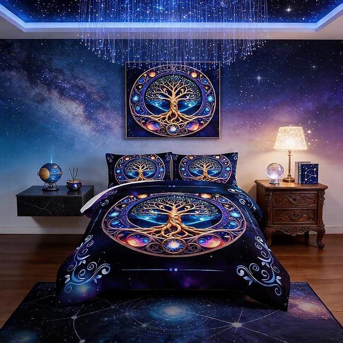 Tree of Life Bedding Full Comforter Set,Mystic Planet Starry Sky Printed Bedding Comforter Sets for Kids Boys Girls Room Decor,Bohemian Bedding Puffy Comforter Sets 2 Pillowcases.