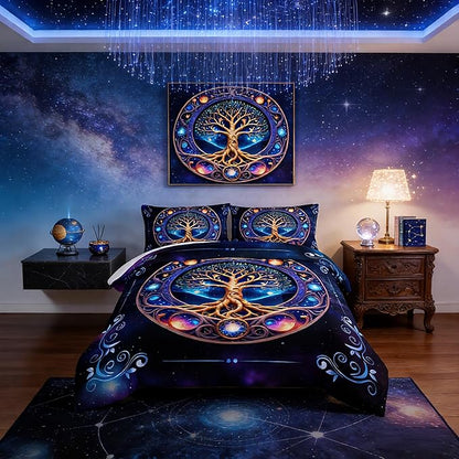Tree of Life Bedding Full Comforter Set,Mystic Planet Starry Sky Printed Bedding Comforter Sets for Kids Boys Girls Room Decor,Bohemian Bedding Puffy Comforter Sets 2 Pillowcases.