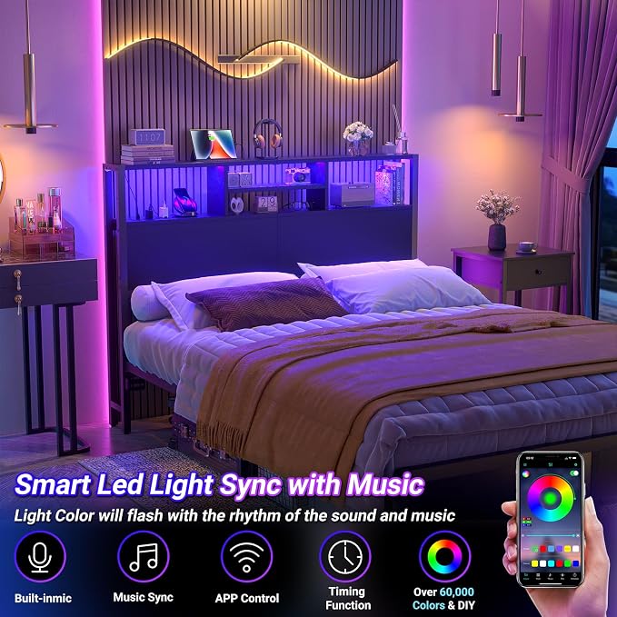 Aheaplus Headboard for Full Size Bed with Storage, Headboards with Outlets | Full Size Head Board Only, with USB Ports and LED Light, Height Adjustable, Reversible, Sturdy & Stable Headboard, Black