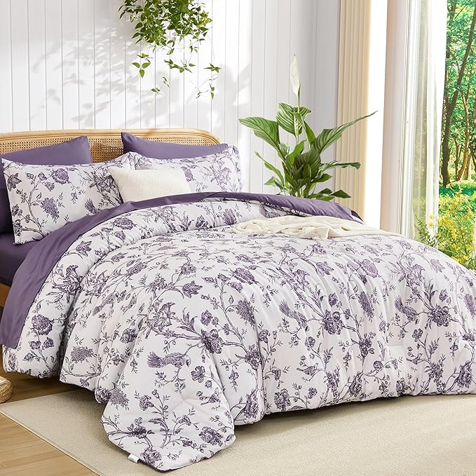 Luxudecor Floral Comforter Set King Size 7 Pieces, Purple Flower with Bird Bed in a Bag, Soft Reversible Comforter with Sheet Bed Set 104"x90"