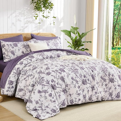 Luxudecor Floral Comforter Set Queen Size 7 Pieces, Purple Flower with Bird Bed in a Bag, Soft Reversible Comforter with Sheet Bed Set 90"x90"