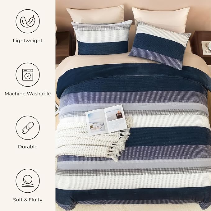 Litanika Fluffy Fleece Queen Comforter Set, Luxury Soft Plush Fuzzy Mineral Blue Stripe Bedding Comforter Sets, Warm Shaggy Faux Fur Bed Set All Season (1 Comforter, 2 Pillowcases)