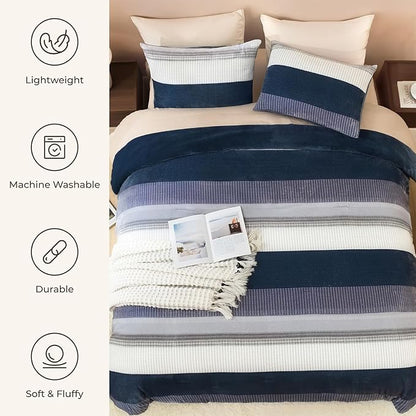 Litanika Fluffy Fleece Full Size Comforter Set, Luxury Soft Plush Fuzzy Mineral Blue Stripe Bedding Comforter Sets, Warm Shaggy Faux Fur Bed Set All Season (1 Comforter, 2 Pillowcases)