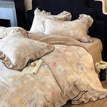 VM VOUGEMARKET Vintage Flower Duvet Cover Set King Ruffled Linen Gauze Duvet Cover with 2 Pillow Shams Soft Breathable Muslin Cotton Bedding Set-Ivory