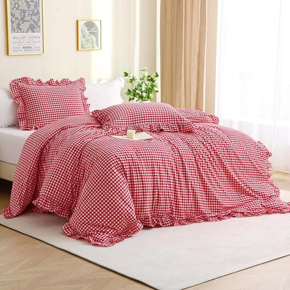 Red/White Checkered Ruffle 3-Piece Duvet Cover Set Queen Size,Washed Cotton Shabby Gingham Plaid Bedding Set Farmhouse Comforter Set(Queen,Red)