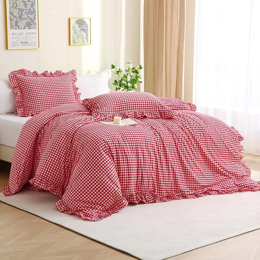 Red/White Checkered Ruffle 3-Piece Duvet Cover Set King Size,Washed Cotton Shabby Gingham Plaid Bedding Set Farmhouse Comforter Set(King,Red)