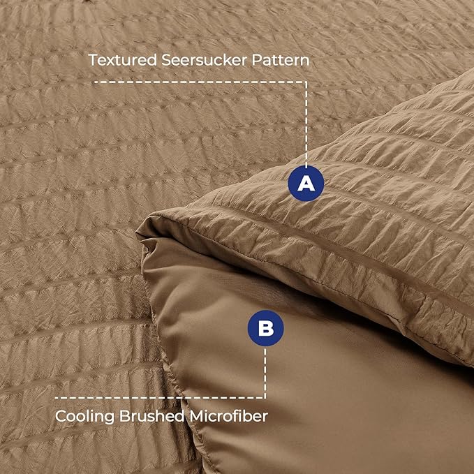 HYMOKEGE Brown Duvet Cover Queen Size, Ultra Soft 3-Piece Seersucker Duvet Cover Set with Zipper Closure, Soft Brushed Microfiber Bedding Set with 8 Corner Ties (90"x90", 2 Pillowshams)