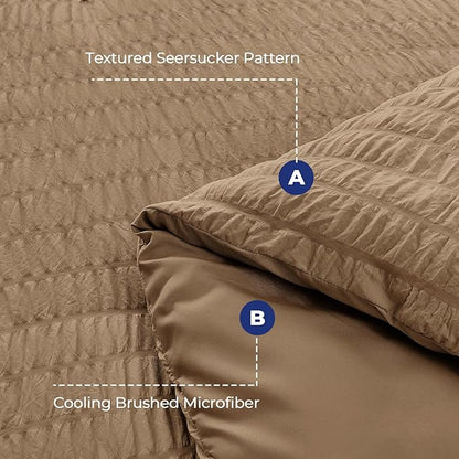 HYMOKEGE Brown Duvet Cover Queen Size, Ultra Soft 3-Piece Seersucker Duvet Cover Set with Zipper Closure, Soft Brushed Microfiber Bedding Set with 8 Corner Ties (90"x90", 2 Pillowshams)