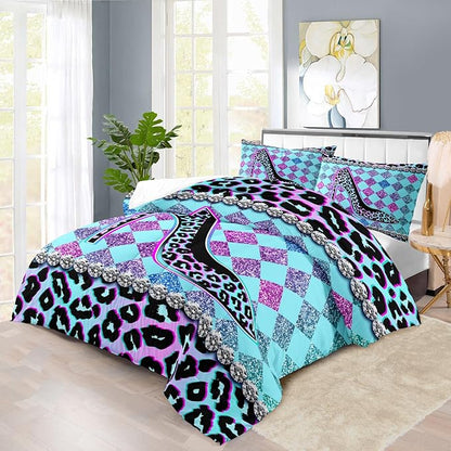 Rainbow Cheetah Print Comforter Set Queen Girls Sexy High Heels Leopard Print Bedding Set Women High Heels Leopard Comforter Quilt Bedroom Decor Animal Cheetah Bedding Bed Decor