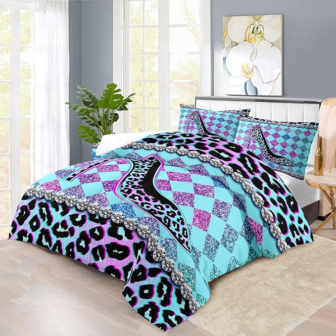 Rainbow Cheetah Print Comforter Set Full Girls Sexy High Heels Leopard Print Bedding Set Women High Heels Leopard Comforter Quilt Bedroom Decor Animal Cheetah Bedding Bed Decor