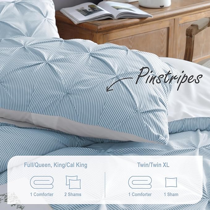 Swift Home Full/Queen Pinstripe Chambray Blue Comforter Set - Classic Pintuck Bedding Set - 3 Pieces Bed Linen, 1 Comforter and 2 Pillow Shams
