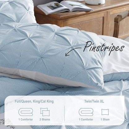 Swift Home Full/Queen Pinstripe Chambray Blue Comforter Set - Classic Pintuck Bedding Set - 3 Pieces Bed Linen, 1 Comforter and 2 Pillow Shams