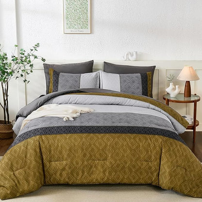 Dinjoy Boho Queen Comforter Set Gray Yellow,7 Piece Bed in a Bag Queen Size Warm Striped Mustard Grey Bedding Sets Plaid Fall Comforters Set with Sheets for Family All Season