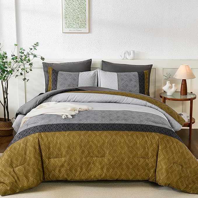 Dinjoy Gray Yellow King Size Comforter Set,Striped Boho Bed in a Bag King 7 Pieces Soft Fall Bedding Comforters Sets wiht Sheets Microfiber Complete Bed Sets for All Season